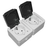 Waterproof twin schuko socket IP54 16A black cover, grey body