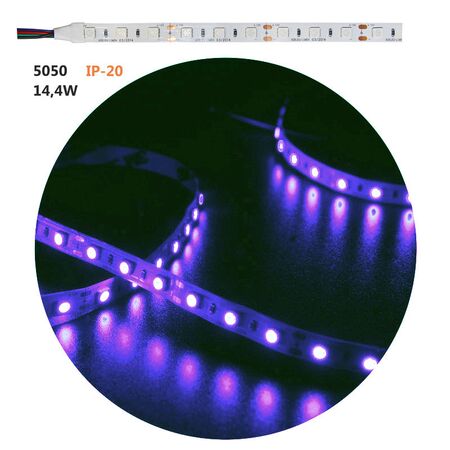 Led Strip Adhesive White PCB 5m12VDC 14.4W/m 5050 60L/m RGB IP20