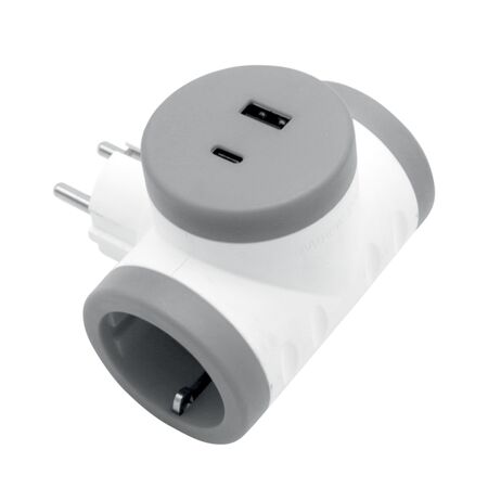 Adaptor T Schuko with 2 Sockets+1 Socket usb+1 Socket Type C Grey MAX 20W